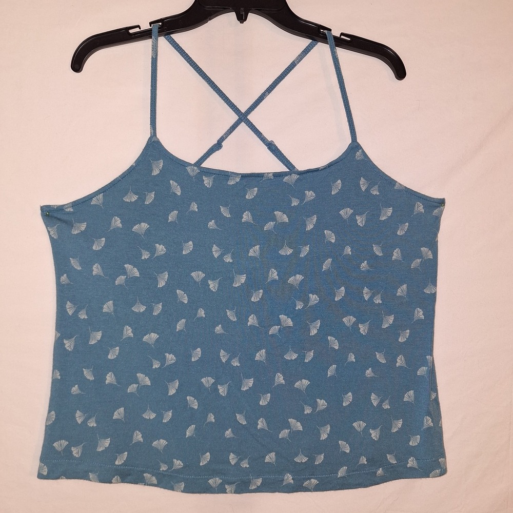 Blue Camisole‎ White Ginkgo Leaf Pattern Criss-cross Back Strap Tank XL Auden